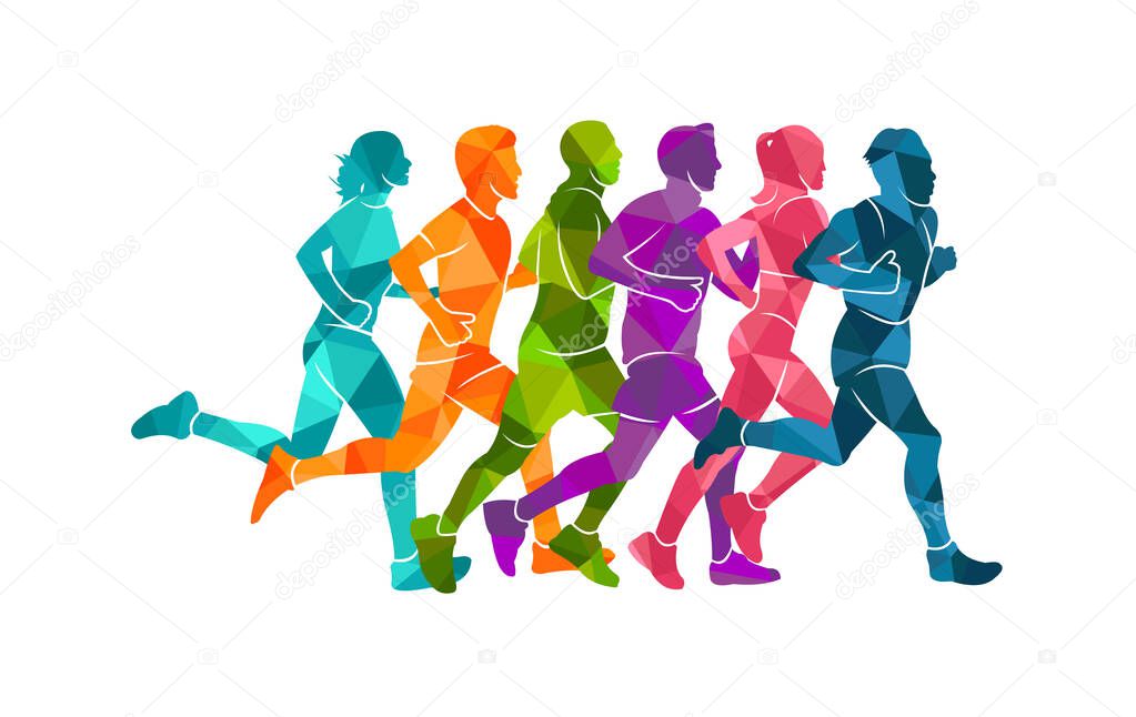  Running marathon, people run, colorful poster vector illustration man sketch hand drawing sport