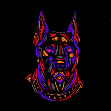 Portre ve siluetler köpek cinsi Doberman renkli el çizimi çizim tasarımı sanat baskısı