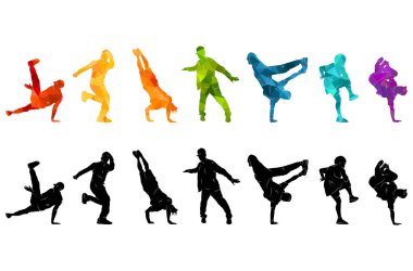 Dans eden renkli dans grubunun detaylı vektör çizim siluetleri. Caz funk, hip-hop, ev. Beyaz arka planda zıplayan dansçı adam. Mutlu bayramlar, break dans çocuğu.