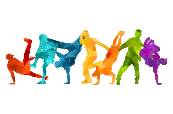 Silhuetas Detalhadas Ilustração Vetorial Dança Expressiva Grupo Colorido Pessoas Dançando — Vetor de Stock