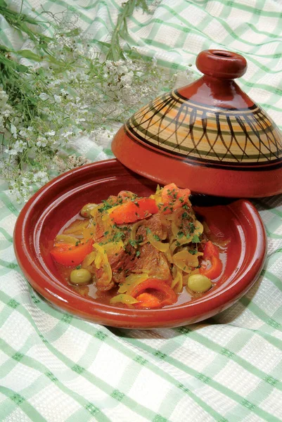 Traditionele Marokkaanse Tajine Beroemde Traditionele Marokkaanse Tajine Traditionele Marokkaanse Maaltijd — Stockfoto