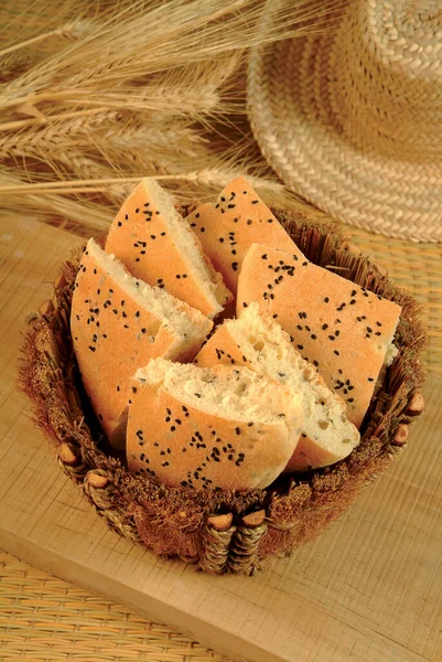 Bread Traditional Wheat Bread Straw Basket — Stock Photo, Image