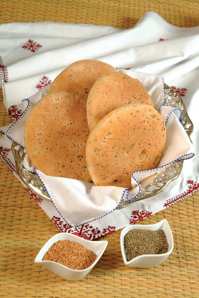 Bread Traditional Wheat Bread Straw Basket — Stock Photo, Image