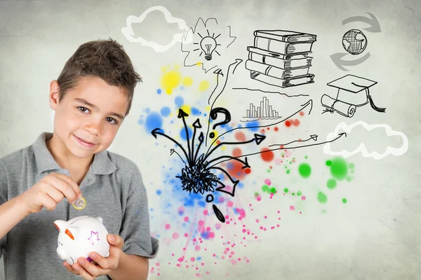 Child puts money in piggy bank — Stock Photo, Image