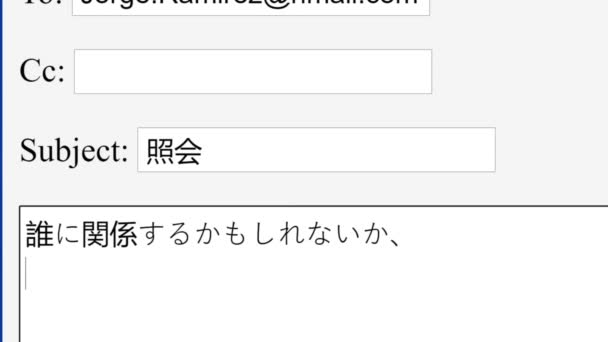 日本人 紹介の挨拶を入力すると オンラインボックスで懸念するメールが送信されます Webサイトの未知の受信者にプロの電子メールを入力開始します タイプ紹介状 モニター画面の視点 — ストック動画