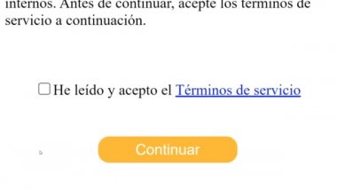 İspanyolca. Fare imleci, Web Sayfası Tıklama Devam Ediyor ve Hizmet Koşullarını Okudum ve Kabul Ediyorum kutucuğunu kaydırıyor. İmleç Seçimi Online Aygıt Ekran Görünümü İnternet Ağı üzerinden Bakış Ağı Web Sitesi.