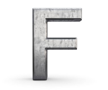 3D boyalı çelik harf F beyaz arkaplanda izole edilmiş.