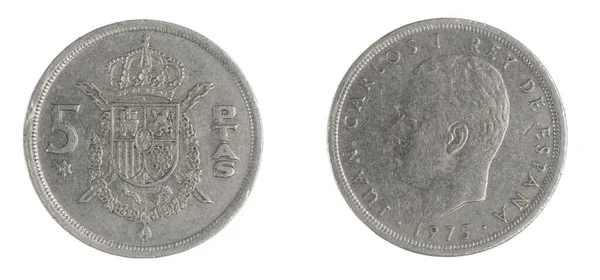 Spanien Fünf Peso Münze Auf Weißem Isoliertem Hintergrund — Stockfoto