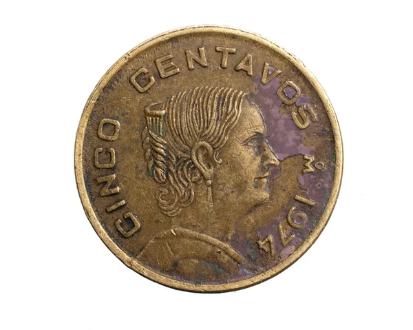 Μεξικό Πέντε Centavos Νόμισμα Ένα Λευκό Απομονωμένο Φόντο — Φωτογραφία Αρχείου