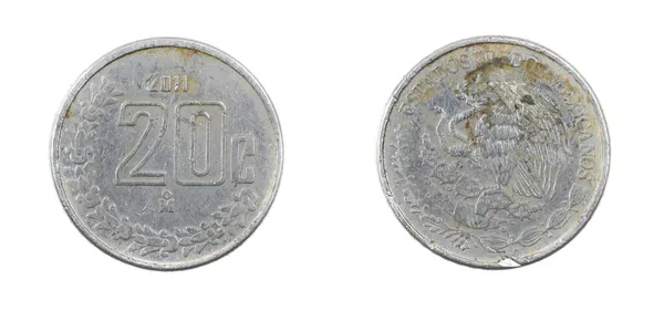 México Moeda Vinte Centavos Fundo Isolado Branco — Fotografia de Stock