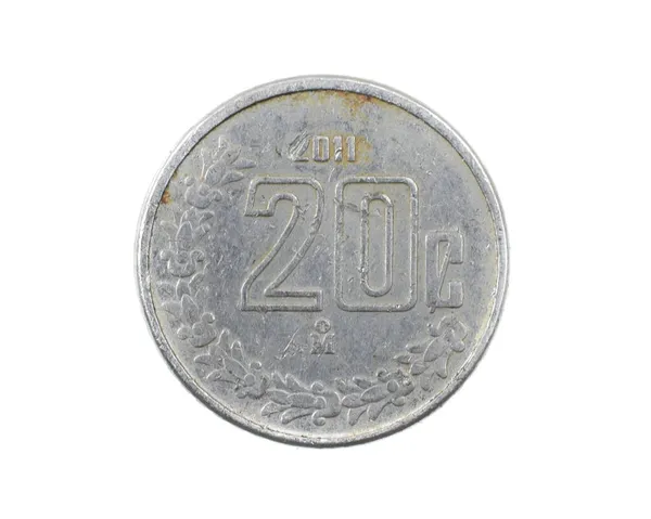 Mexiko Tjugo Centavos Mynt Vit Isolerad Bakgrund — Stockfoto