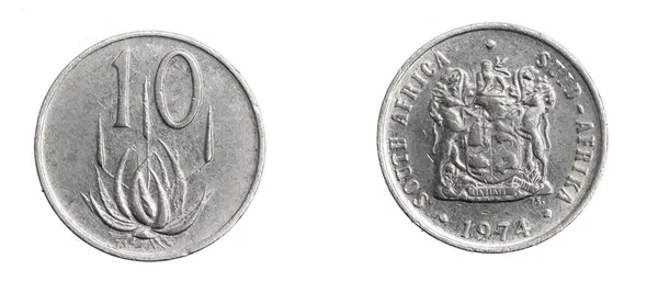 Zuid Afrika Tien Cent Munt Een Witte Geïsoleerde Achtergrond — Stockfoto