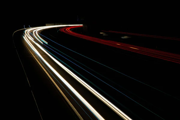 Luces Coches Con Noche Larga Exposición — Foto de Stock