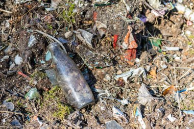 Vahşi çöp yığını. Kalan camlar, ormandaki plastikler.