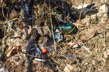 Vahşi çöp yığını. Kalan camlar, ormandaki plastikler.