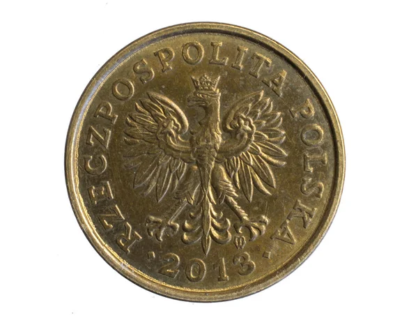 Moneda Polaca Dos Centavos Sobre Fondo Blanco Aislado — Foto de Stock