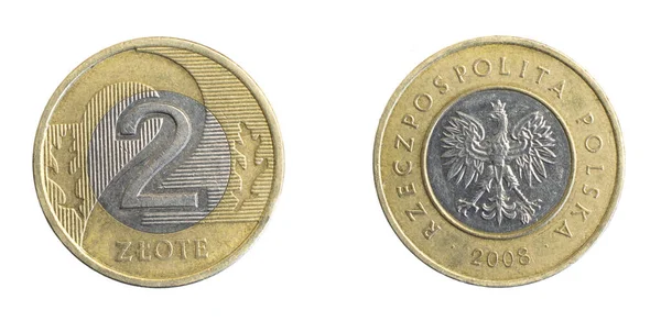 Две Золотые Монеты Польши Белом Изолированном Фоне — стоковое фото