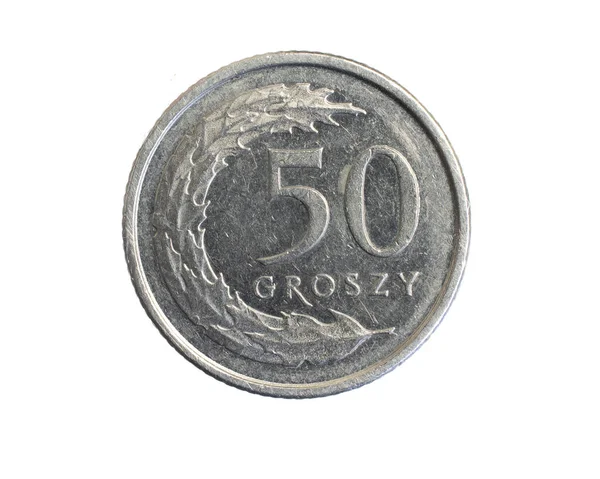 Polen Femtio Cent Mynt Vit Isolerad Bakgrund — Stockfoto