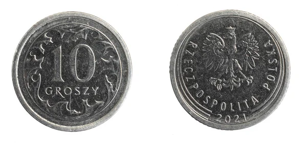 Polen Tio Cent Mynt Vit Isolerad Bakgrund — Stockfoto