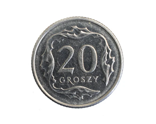 Polen Tjugo Cent Mynt Vit Isolerad Bakgrund — Stockfoto