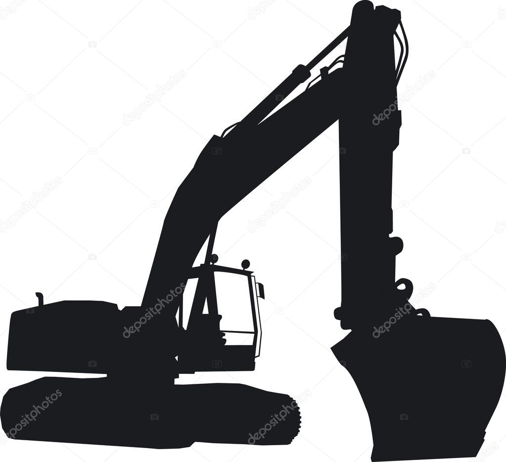 A tracked excavator seen as a silhouette from the front