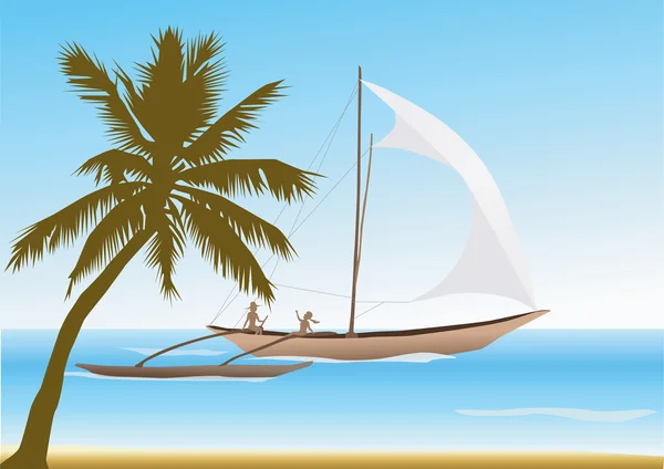 Um catamarã navega em frente a uma praia de palmeiras . — Vetor de Stock