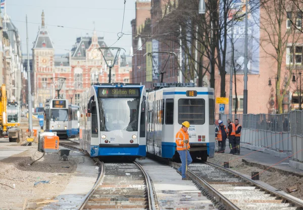 Trabajos de construcción de vías férreas de tranvías en Ámsterdam —  Fotos de Stock