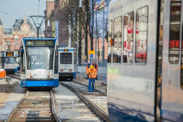 Trabajos de construcción de vías férreas de tranvías en Ámsterdam —  Fotos de Stock