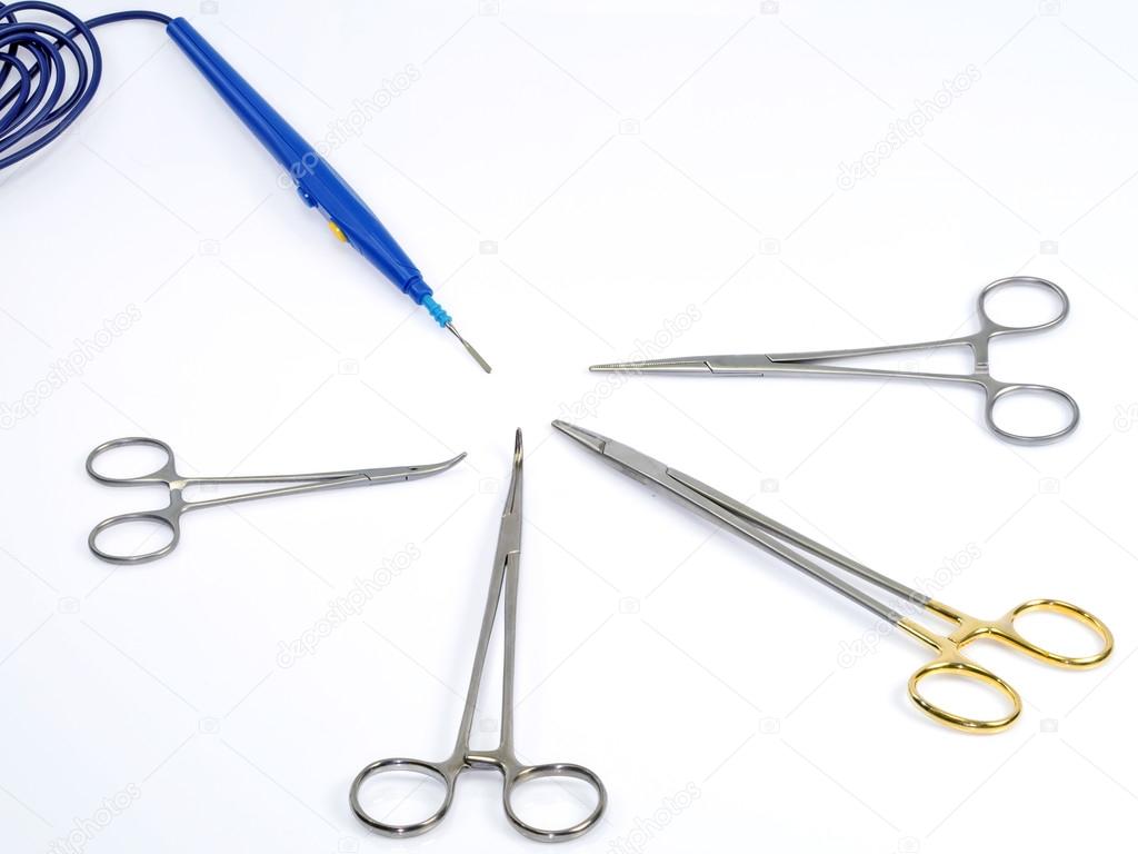 forceps, scalpels and various tools in operating room