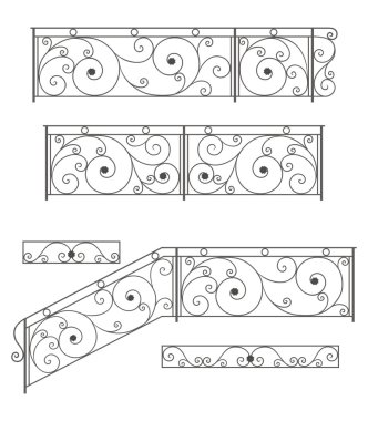 Vector set: wrought iron stairs railing, fence and grilles clipart