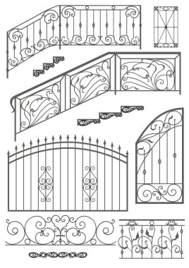 Vector set: wrought iron wicket, stairs railing, fence and windo clipart