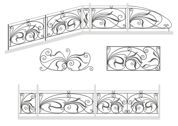 Ensemble vectoriel : balustrade d'escalier en fer forgé, clôture et grilles — Image vectorielle