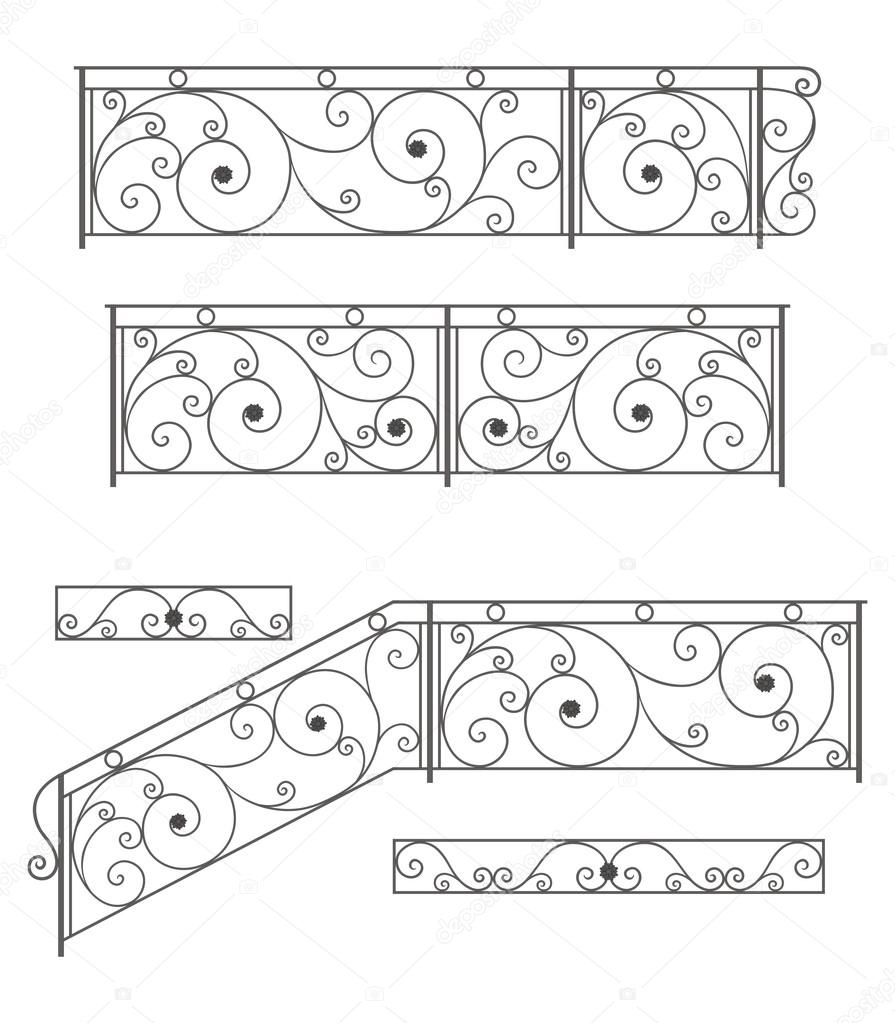 Vector set: wrought iron stairs railing, fence and grilles