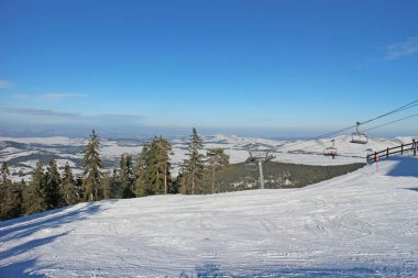 Çam ormanlı kayak merkezi güneşli, mavi bir günde.