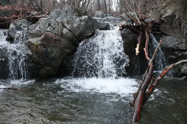 Prachtige Waterval Een Rotsachtige Rivier Herfst — Stockfoto