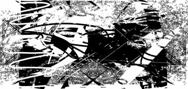 Siyah beyaz desenli sıkıntılı bir arka plan. Noktalar, lekeler, çizikler ve çizgiler. Soyut resimleme.