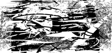 Siyah beyaz desenli sıkıntılı bir arka plan. Noktalar, lekeler, çizikler ve çizgiler. Soyut resimleme.