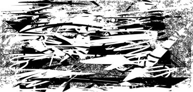 Siyah beyaz desenli sıkıntılı bir arka plan. Noktalar, lekeler, çizikler ve çizgiler. Soyut resimleme.