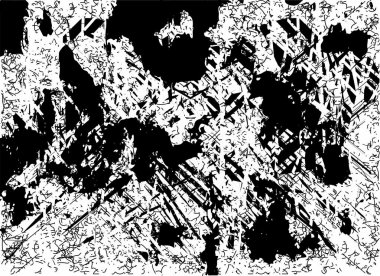 Siyah beyaz desenli sıkıntılı bir arka plan. Noktalar, lekeler, çizikler ve çizgiler. Soyut resimleme.