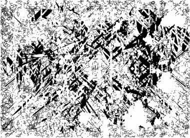 Siyah beyaz desenli sıkıntılı bir arka plan. Noktalar, lekeler, çizikler ve çizgiler. Soyut resimleme.