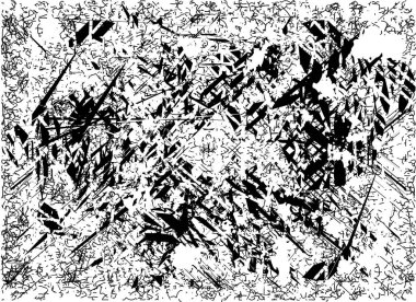 Siyah beyaz desenli sıkıntılı bir arka plan. Noktalar, lekeler, çizikler ve çizgiler. Soyut resimleme.