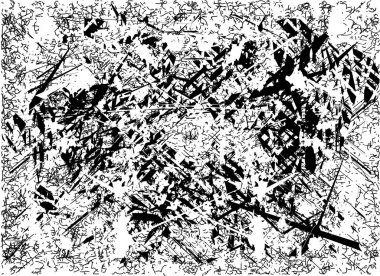 Siyah beyaz desenli sıkıntılı bir arka plan. Noktalar, lekeler, çizikler ve çizgiler. Soyut resimleme.