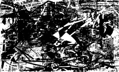 Siyah beyaz desenli sıkıntılı bir arka plan. Noktalar, lekeler, çizikler ve çizgiler. Soyut resimleme.