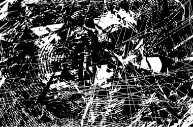 Siyah beyaz desenli sıkıntılı bir arka plan. Noktalar, lekeler, çizikler ve çizgiler. Soyut resimleme.