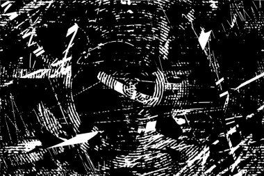 Siyah beyaz desenli sıkıntılı bir arka plan. Noktalar, lekeler, çizikler ve çizgiler. Soyut resimleme.