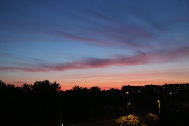 Gün batımında ağaçlardan ve binalardan oluşan bir siluet.