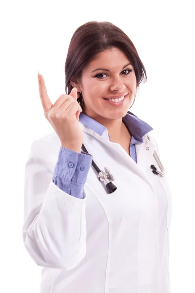 Woman in white robe inviting — Stock Photo, Image