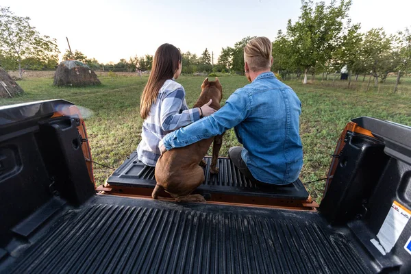 Gambar Pasangan Muda Pedesaan Dengan Anjing Mereka Amerika Pengganggu Diambil — Stok Foto