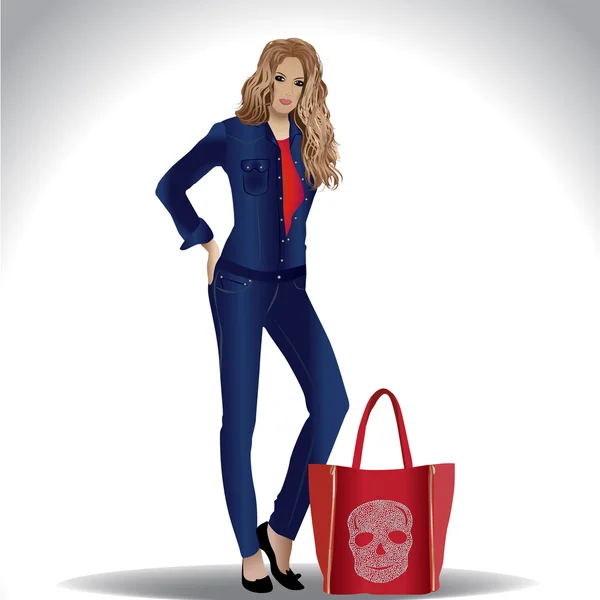 Menina elegante em jeans roupas com saco vermelho com crânio —  Vetores de Stock