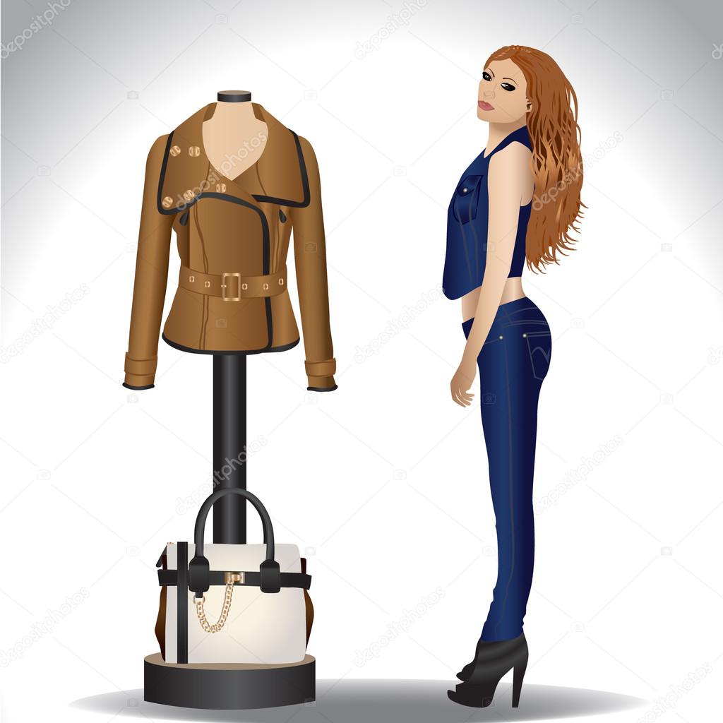 Stylish girl in jeans clothes standing near mannequin in leather jacket and bag